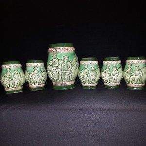 6 Vtg Japanese/German Style Stein Pitcher, Mug Set